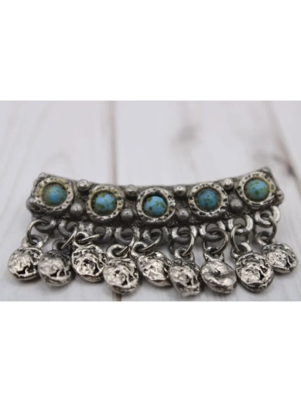 Germany Turquoise Brooch Pin Fringe Coins Silver Celtic Ethnic Hat Scarf Lapel